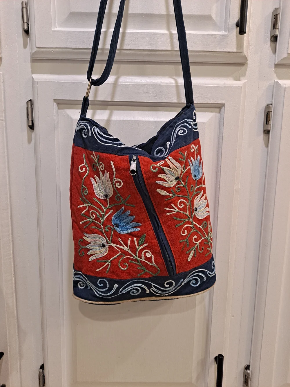 Artisan Nepal Vintage Embroidered Red Floral Shoulder Bag Navy Trim Suede-like